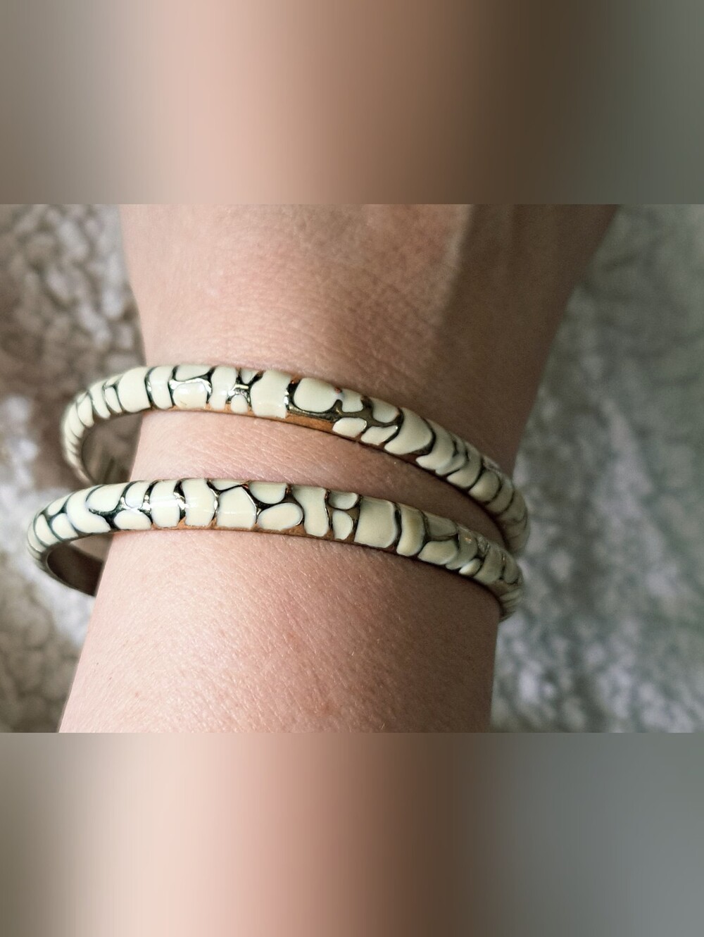 Cream Enamel Patterned Gold Tone Bangle Bracelet Set Of 2 - Women’s Jewelry